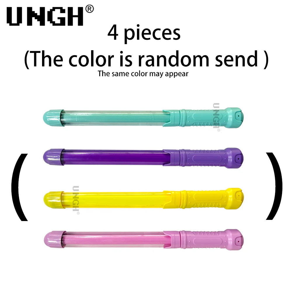 Four pieces of pull-out water guns in various colors, including teal, purple, yellow, and pink.