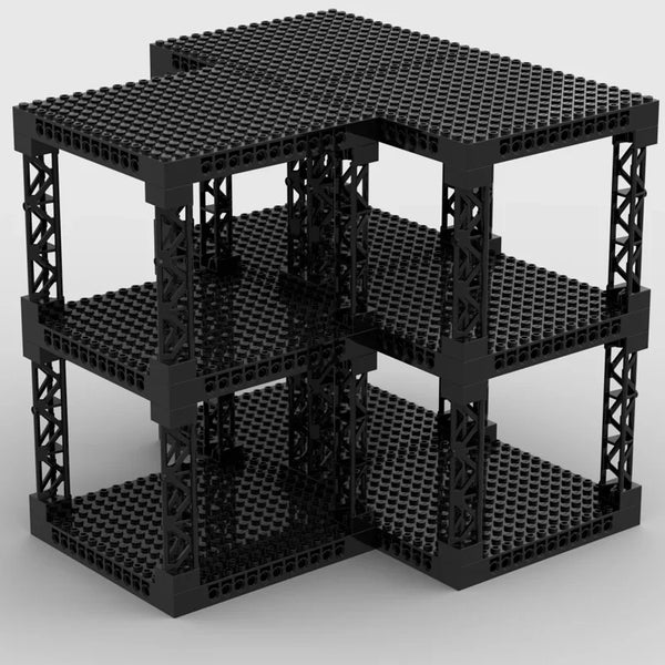 A black modular building brick display stand with multiple levels and a base plate.