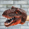 A realistic brown T-Rex dinosaur hand puppet with sharp teeth and textured skin.