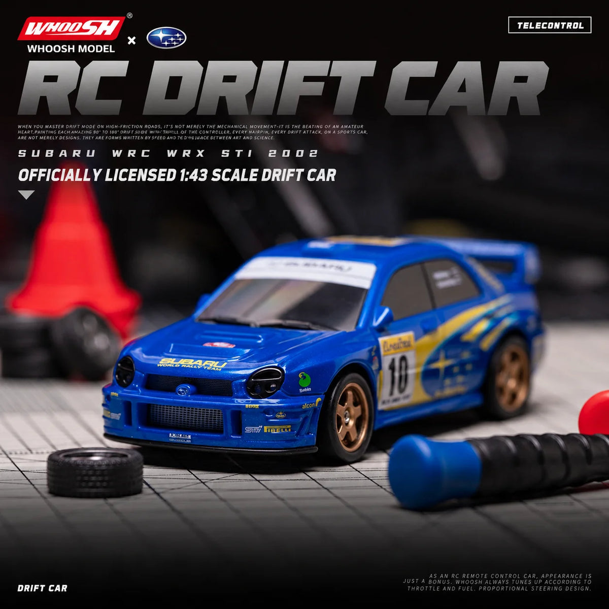 A blue 1:43 scale RC drift car is shown on a black surface with a tire nearby.