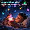 A young boy is holding and looking at an LED pixel wind decoration light in a dark, cozy setting.