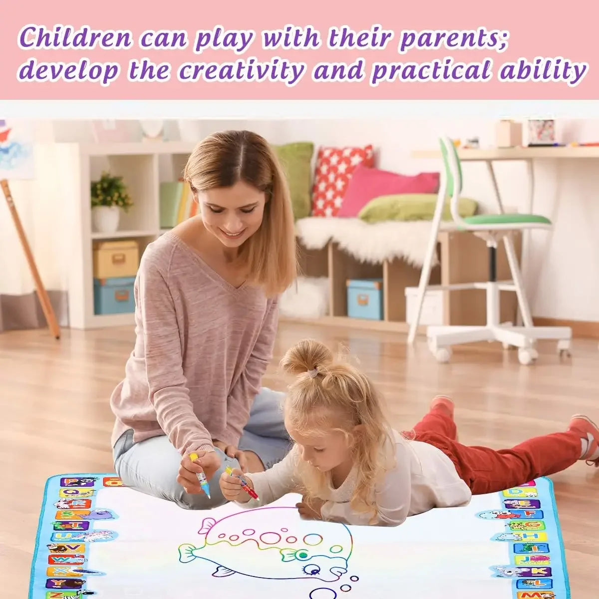 A young girl is drawing on a large magic water drawing mat with pens in a bright indoor setting.
