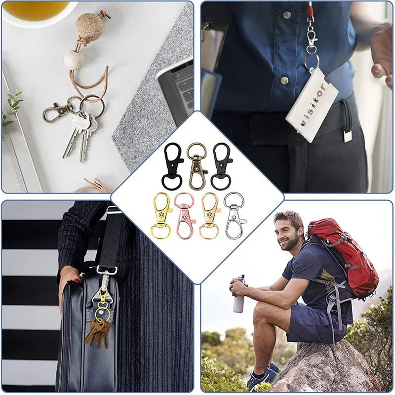 A collection of premium metal swivel snap hooks and key rings displayed alongside a backpack and leather bag.