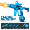 Blue Flood Dragon electric water gun with a barrel firing a stream of water and various accessories.
