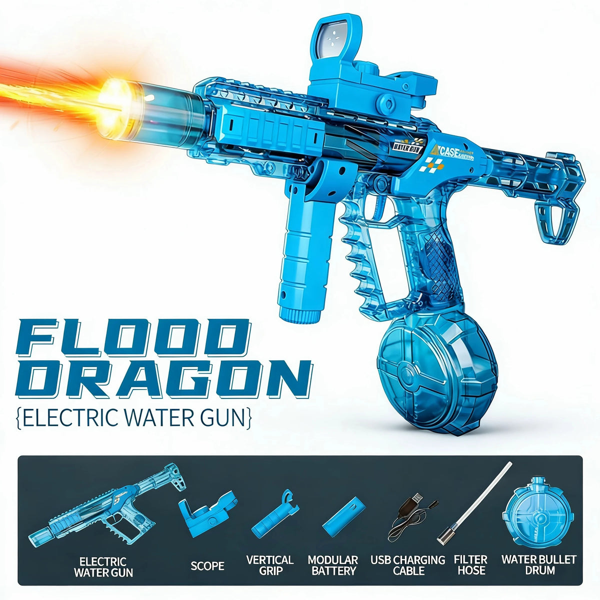 Blue Flood Dragon electric water gun with a barrel firing a stream of water and various accessories.