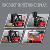 Product function display showing a red alloy forklift and crane truck model.