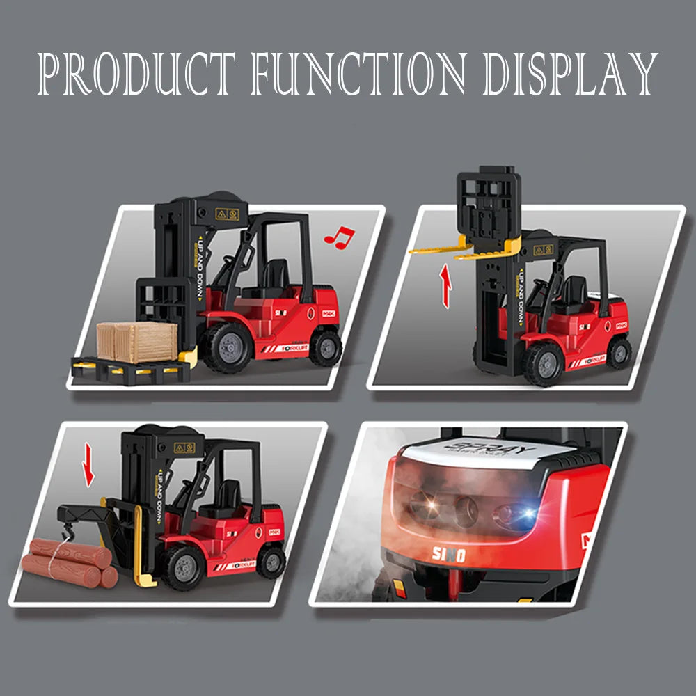 Product function display showing a red alloy forklift and crane truck model.