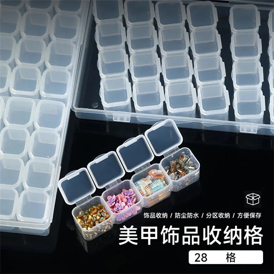 A clear storage case containing various nail art materials like rhinestones and glitter for nail decoration.