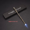 A slender, metallic magic wand with a glowing tip is displayed on a dark surface next to a rectangular box labeled Magic Wand