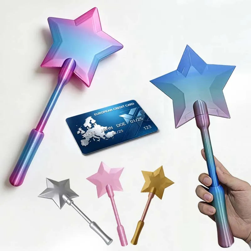 A collection of 3D printed magic wands shaped like stars, featuring iridescent colors and credit card holders.