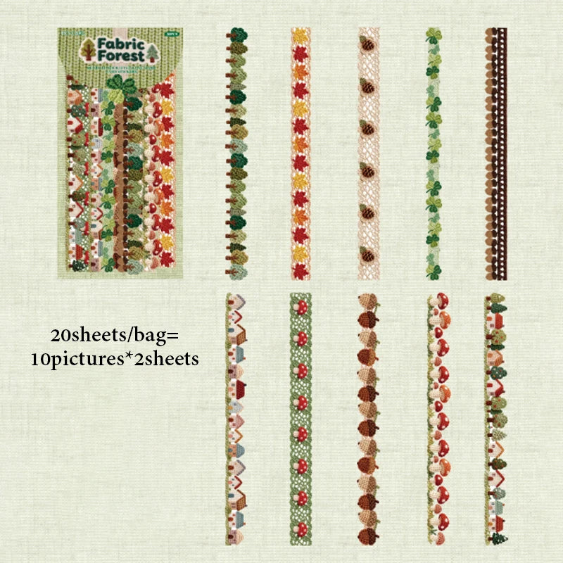 A collection of 20 fabric-textured sticker strips in various colors and patterns for journaling and scrapbooking.