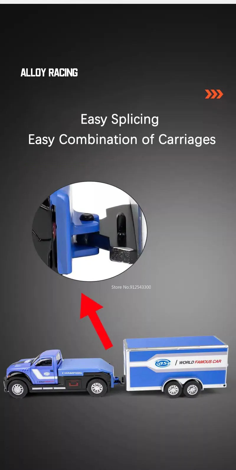 A blue die-cast model truck and container trailer set for alloy racing with easy splicing and combination features.