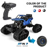 A black 4WD remote control stunt car off-road crawler truck with a blue and black body and large tires.