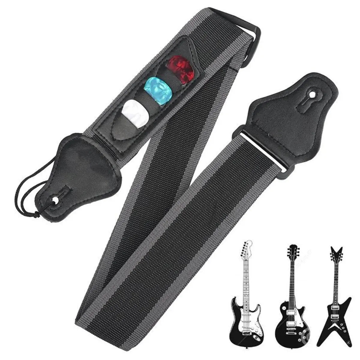 Adjustable guitar strap with three pick holders and PU leather ends for acoustic and electric guitars