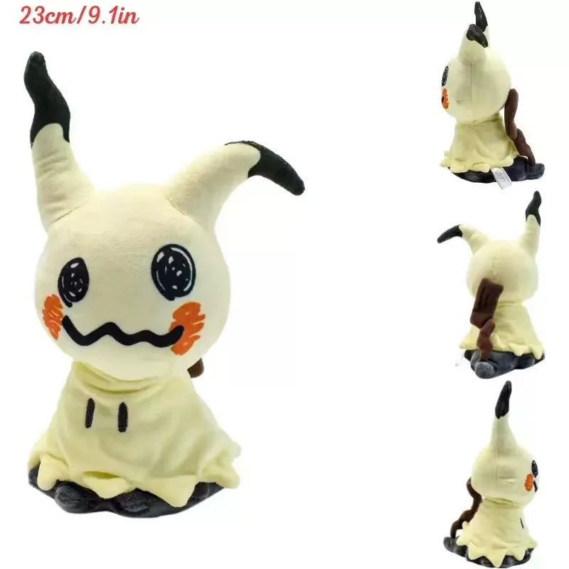 A soft collectible plush toy of Mimikyu Pokémon in a light yellow color.