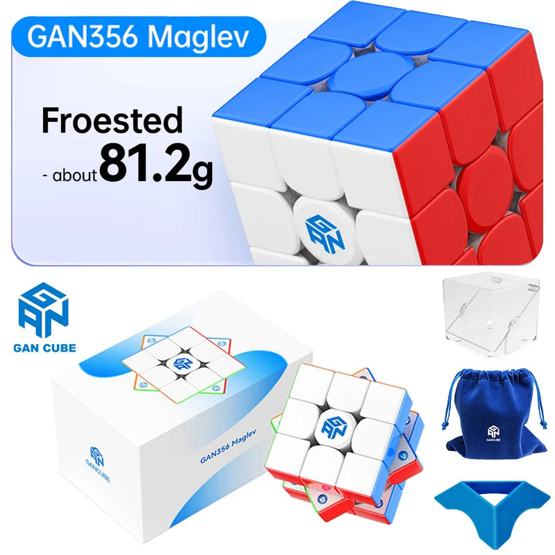 A GAN356 Maglev cube in red and white, along with its packaging and a blue storage pouch.