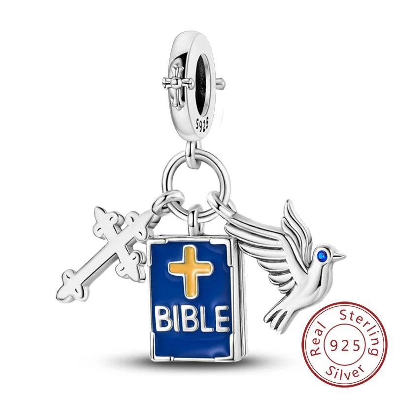 Sterling silver charm beads set featuring cross, angel, and evil eye designs for DIY jewelry making