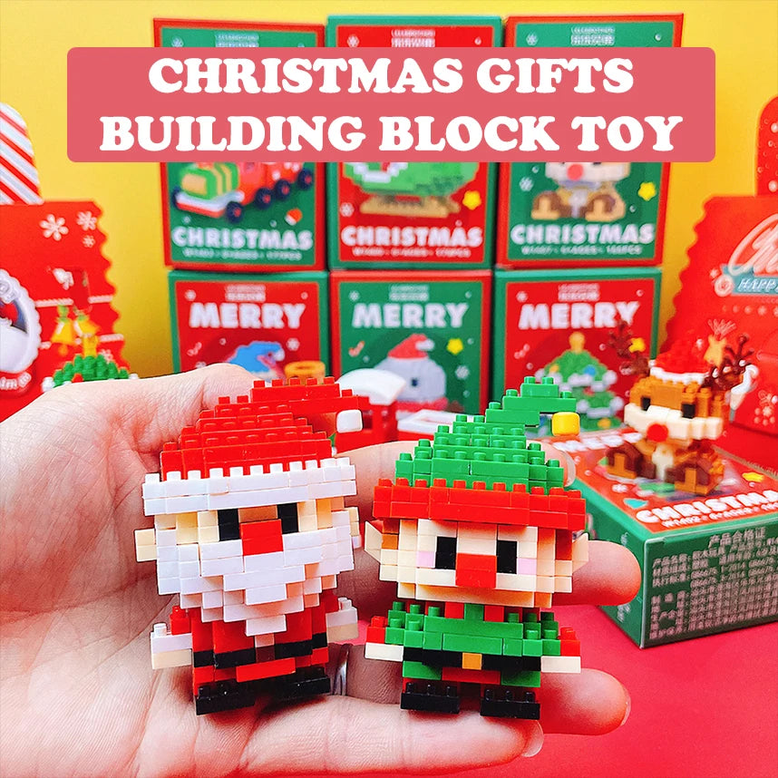 A hand holds two Christmas building block toys depicting Santa and a reindeer.