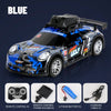 A blue remote control car with a black camera mounted on the front, showing various accessories like a remote control and bat