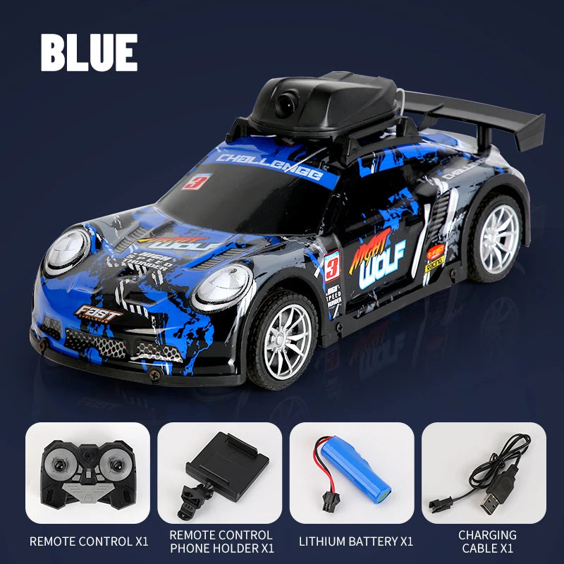 A blue remote control car with a black camera mounted on the front, showing various accessories like a remote control and bat