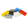 A collection of colorful Technic liftarm beam building blocks in yellow, blue, gray, and orange.