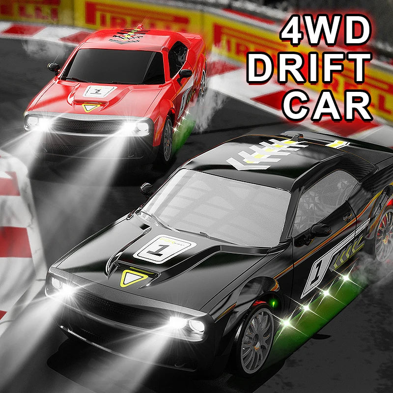A black high-speed 4WD drift RC car is shown driving on a track with bright headlights and tire smoke.