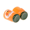 A set of miniature ceramic jam jars with orange bodies and dark green lids.