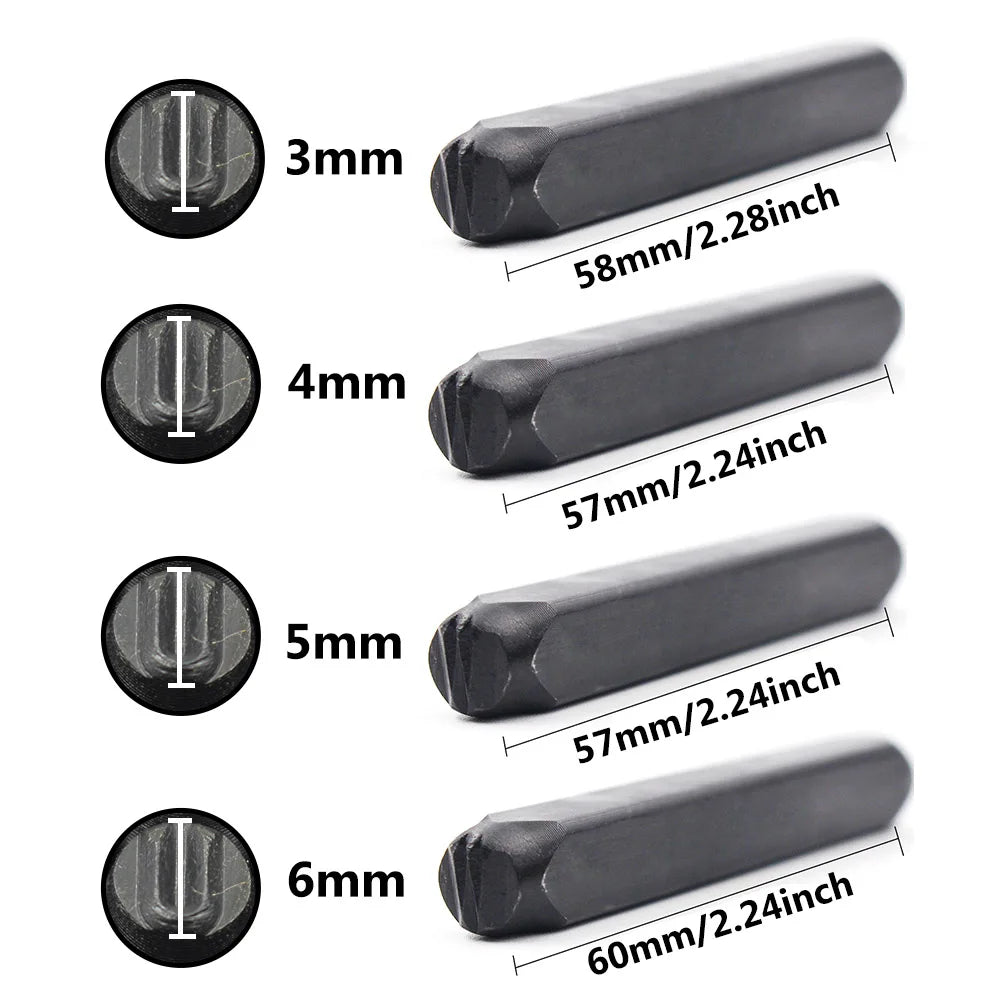 A set of six carbon steel stamping dies with varying diameters from 3mm to 6mm, shown next to corresponding measurement label