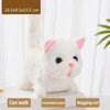 A white plush cat toy that can walk and has a wagging tail.