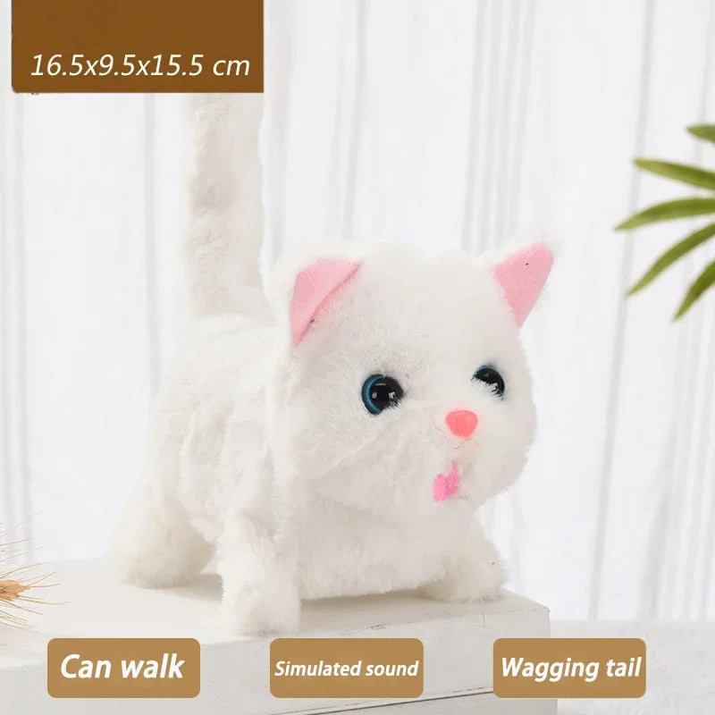 A white plush cat toy that can walk and has a wagging tail.