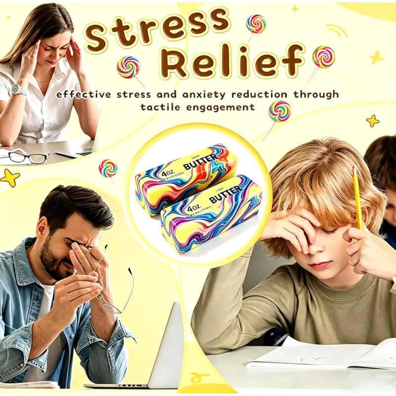 A young boy is experiencing stress while using a slow-rise butter squishy toy for relief.