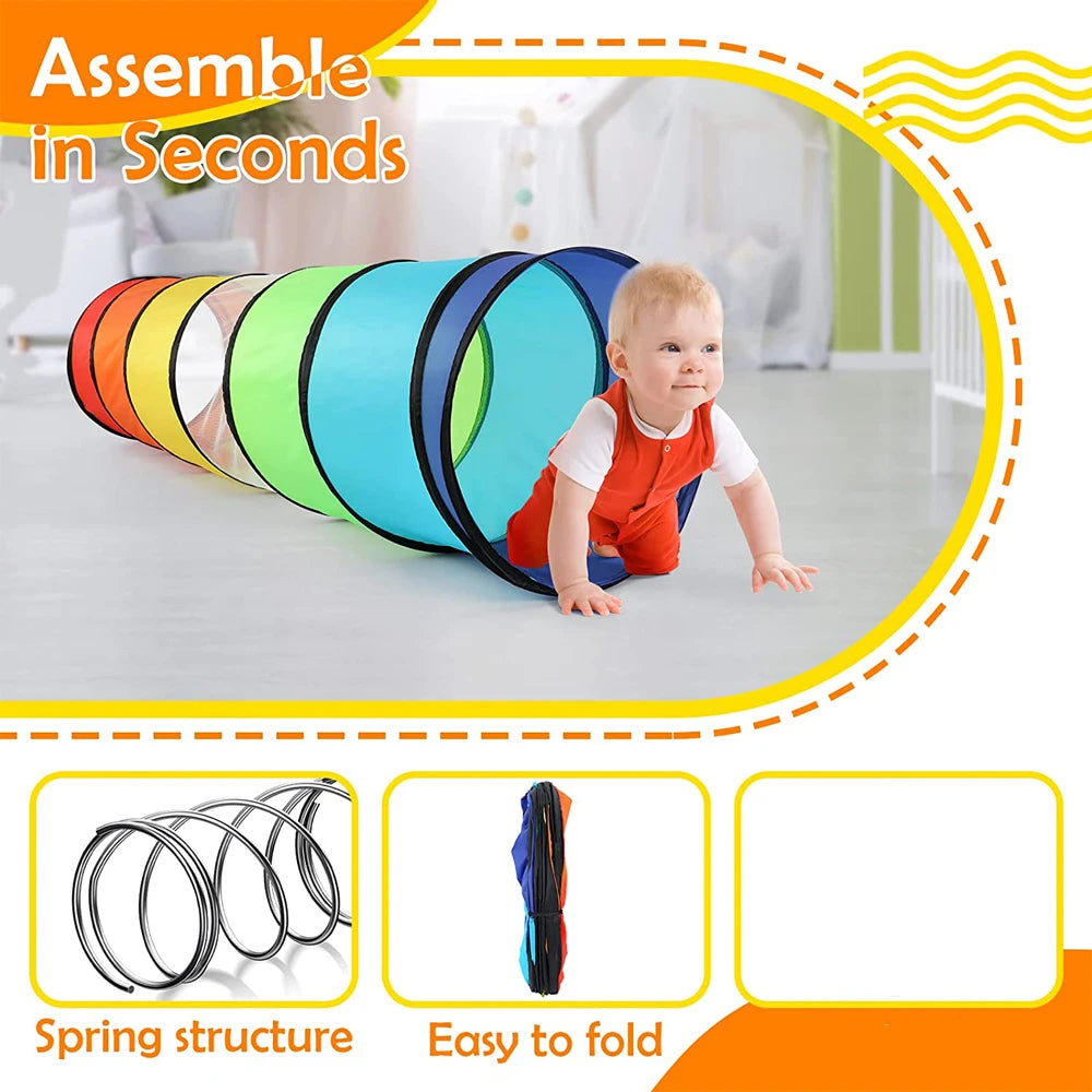 Colorful pop-up play tunnel assembled in seconds with a baby playing inside