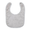 A light gray, soft cotton baby bib with a rounded shape and adjustable snap closure.