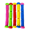 A set of six brightly colored plastic pool diving toys for children in pink, green, red, yellow, and blue.