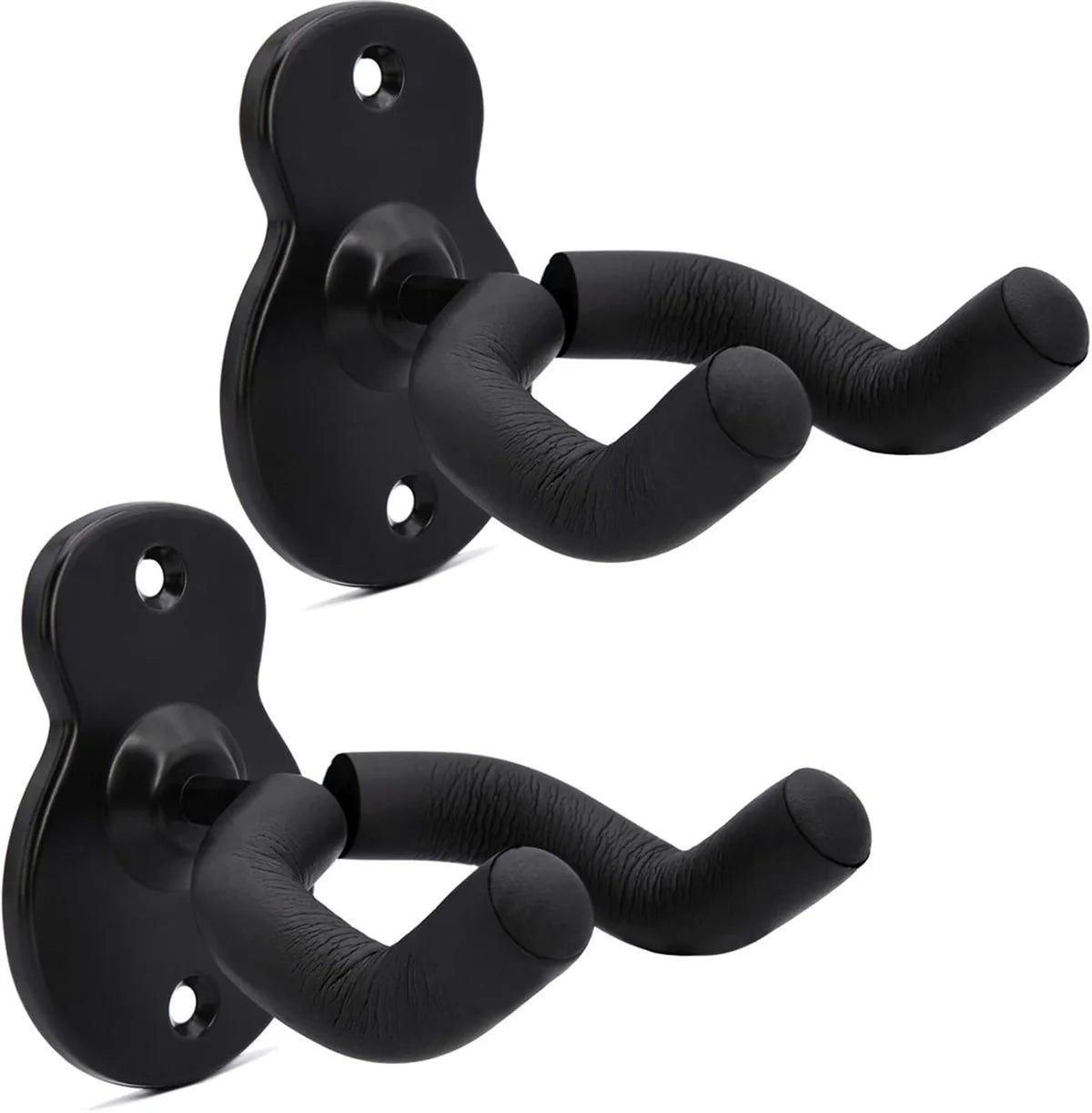 Black adjustable wall-mounted guitar hanger with curved hooks for hanging instruments