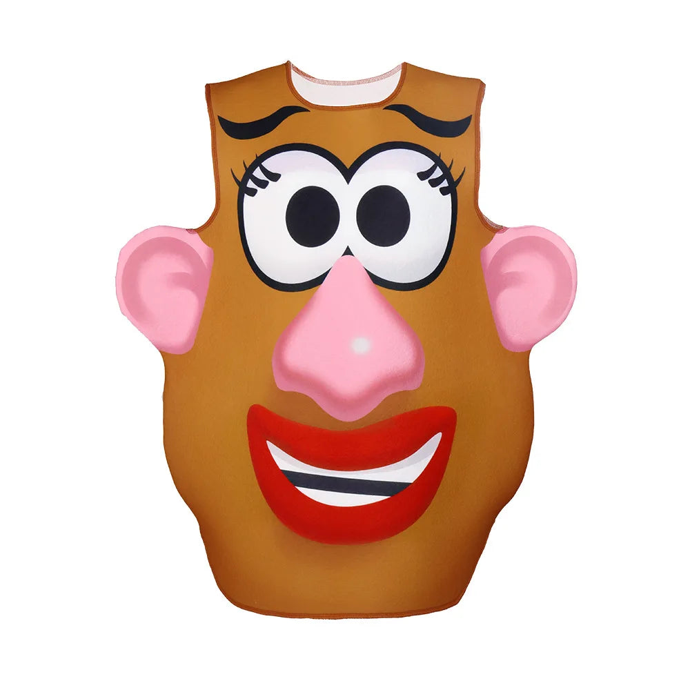 A brown and pink Mr. & Mrs. Potato Head couple costume set featuring exaggerated facial features.