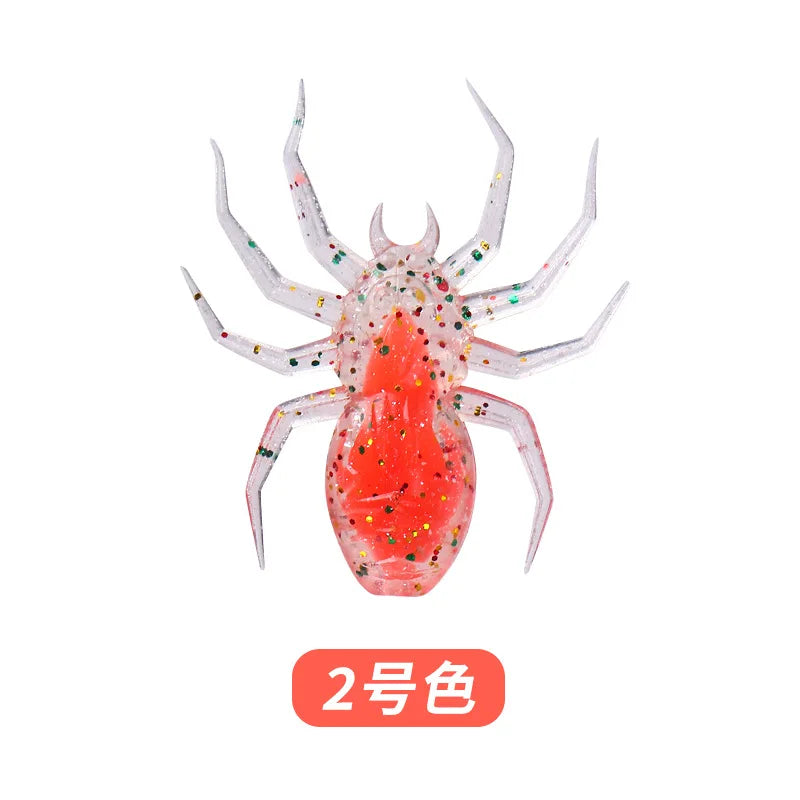 A set of realistic, laser-reflective flexible fishing lures shaped like spiders, featuring red and white colors.