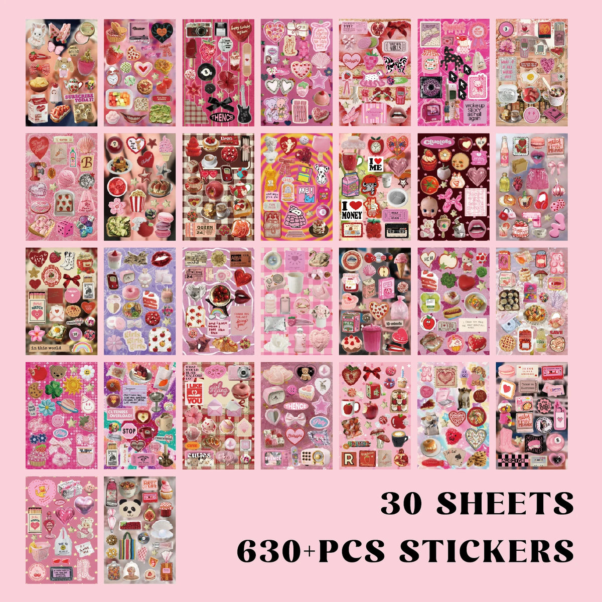 A collection of 30 sheets containing over 630 personalized DIY scrapbooking stickers in various pink and pastel colors.