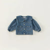 A blue denim jacket for kids featuring a ruffled collar and chest pockets.