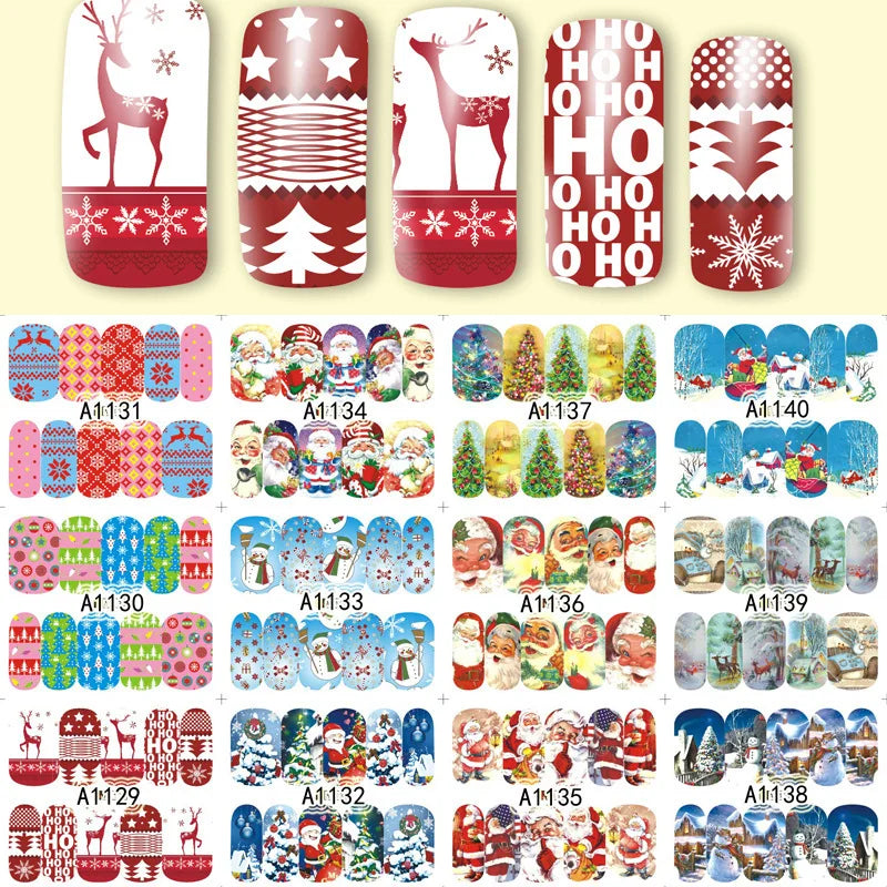 A collection of Christmas themed nail art stickers featuring reindeer, snowflakes, and festive designs for manicures.