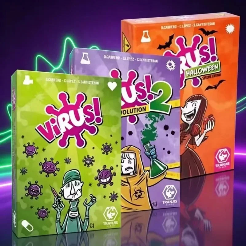A set of three card game boxes featuring the Virus series including Evolution and Halloween expansions