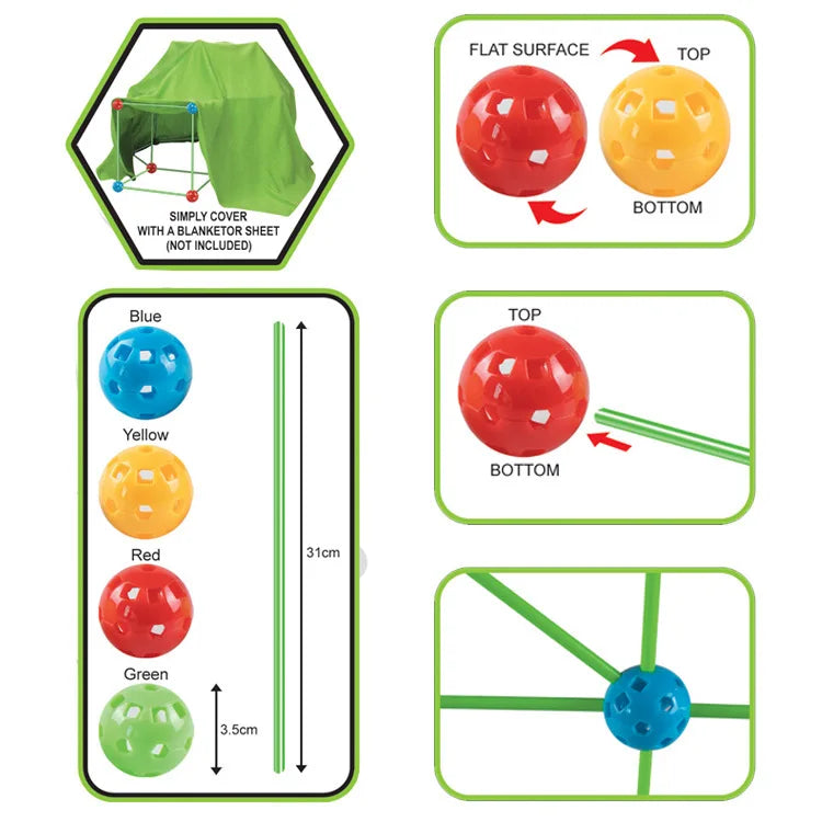 A set of colorful building blocks and a green tent with a blanket sheet for kids