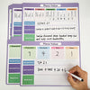 A set of purple and green place value learning posters showing standard, expanded, and word forms for numbers.