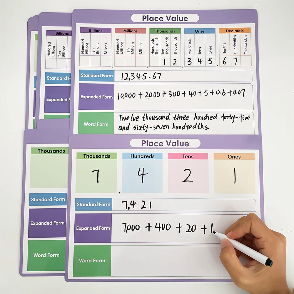 A set of purple and green place value learning posters showing standard, expanded, and word forms for numbers.