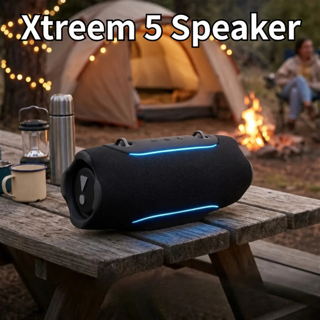 A black Xtreem 5 speaker is placed on a wooden table outdoors in front of a tent and a campfire.