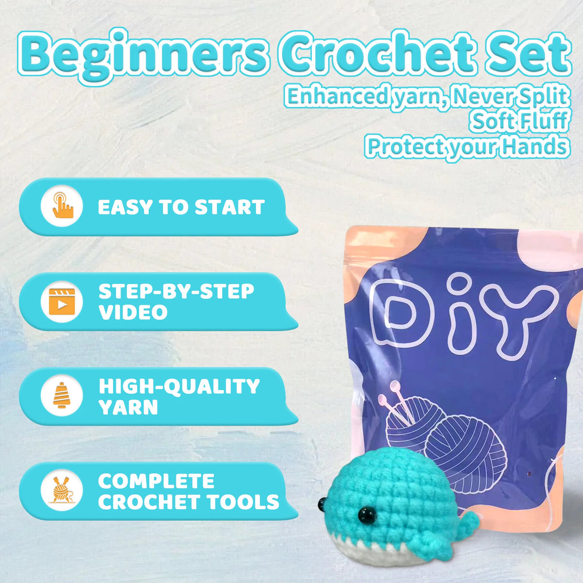 A beginner crochet set featuring enhanced yarn, tools, and a finished blue sea creature amigurumi.