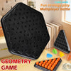 A black triangle chain game board with multiple geometric pieces displayed on a wooden surface.