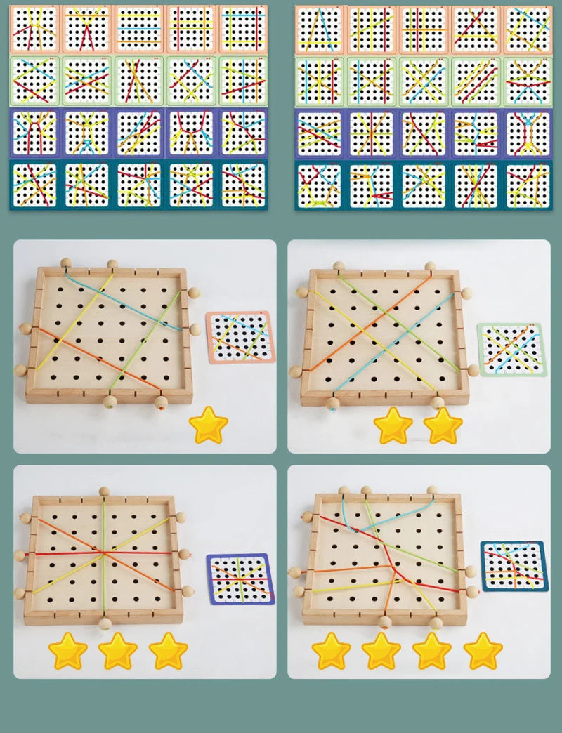 Wooden lacing boards with colorful ropes and practice grids for children's shoe-tying skills