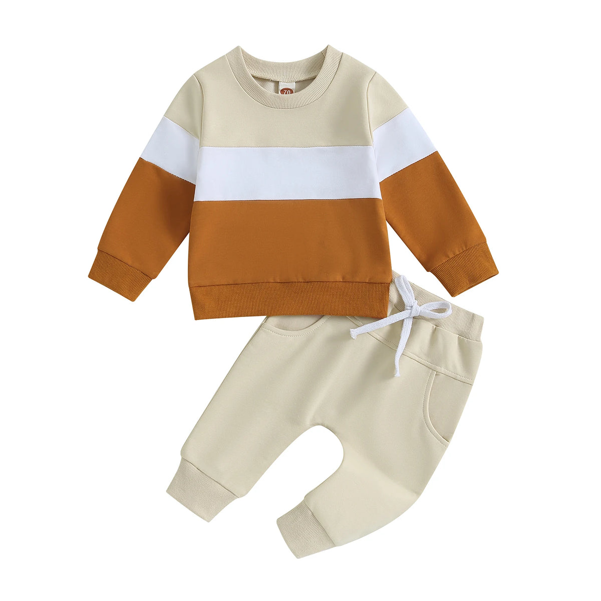 Toddler boys color block sweatshirt and pants set featuring beige, white, and brown stripes