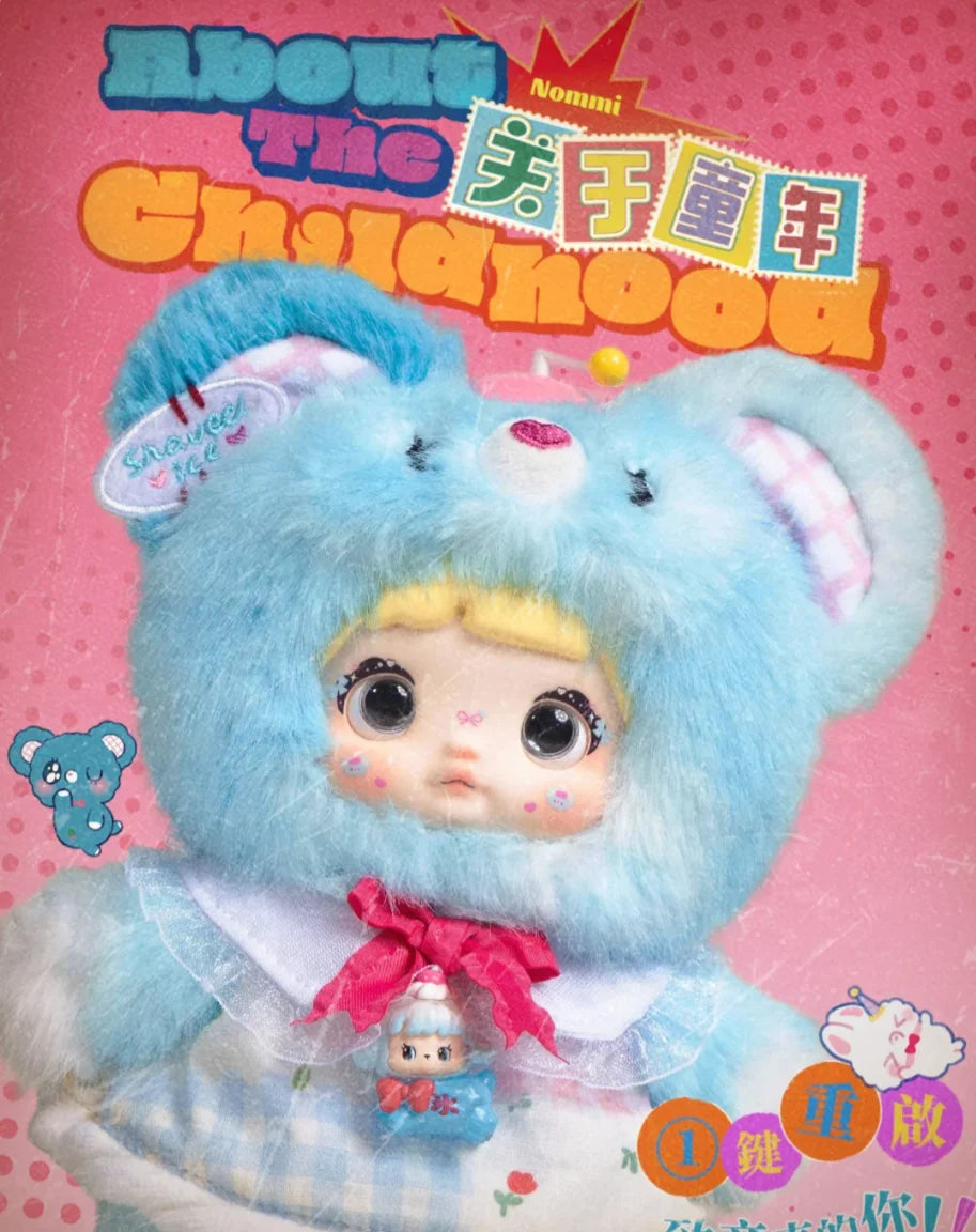A fluffy blue bear-like collectible doll from the Nommi Childhood series with pink accents and a bow.